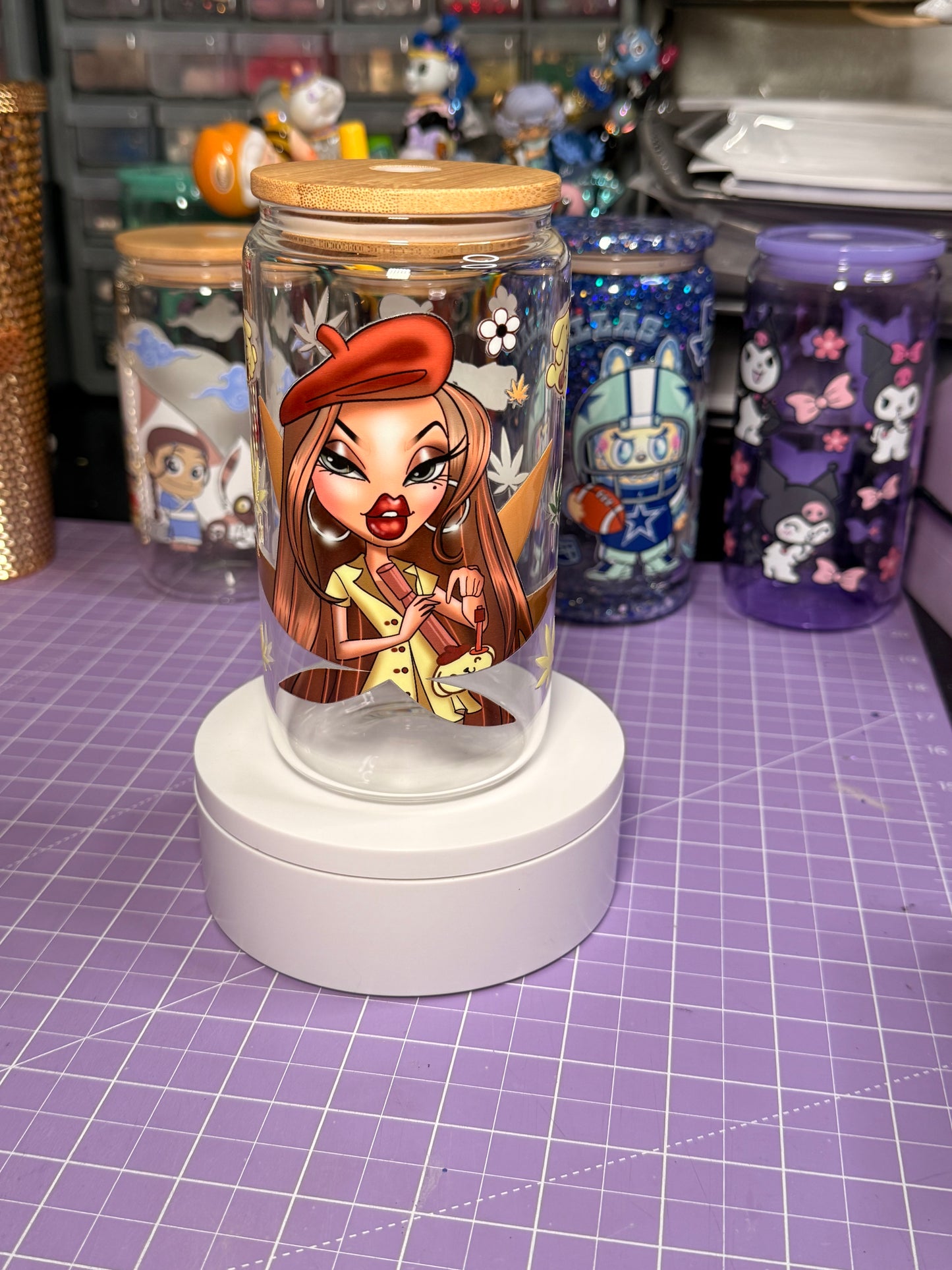Bratz-Inspired x Pompom Glass Can Cup | Cute Aesthetic Iced Coffee Glass | Bamboo Lid Tumbler