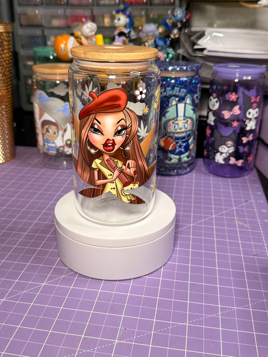 Bratz-Inspired x Pompom Glass Can Cup | Cute Aesthetic Iced Coffee Glass | Bamboo Lid Tumbler